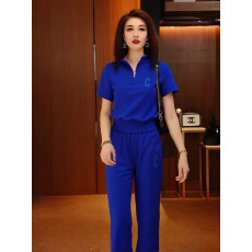 批发蓝色休闲运动套装女夏季新款<b class='q'>时尚</b>显瘦拉链立领短袖气质长裤两件套