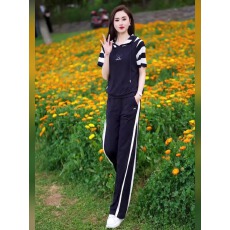 批发2026年夏季韩系学院风藏蓝色休闲连帽短袖T恤直筒长裤两件套装女