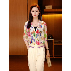 批发炸街时尚绝美花色连帽拉链七分袖运动开衫休闲长裤夏季两件套装女