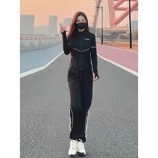 批发跑步套装女晨跑服春季高端品牌<b class='q'>修身</b>黑色开衫上衣休闲运动裤两件套