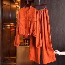 批发2025年春季炸街高级感橘红色仿<b class='q'>亚麻</b>工装外套阔腿裤两件套装女