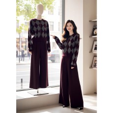 批发独特绝美小套装冬季新款菱形格<b class='q'>气质</b>针织衫休闲高腰直筒长裤两件套