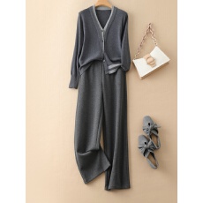 批发欧货时尚拼色V领针织衫上衣女秋冬高腰宽松针织裤女神范两件套装