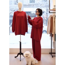 批发红色时尚套<b class='q'>装</b>女秋季圆领<b class='q'>中长款</b>开叉长袖针织上衣阔腿<b class='q'>裤</b><b class='q'>显瘦</b>两件套