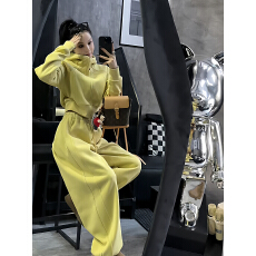 批发高级感秋<b class='q'>冬</b>加绒加厚卫衣套装女休闲连帽黄色运动服两件套洋气减龄