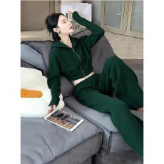批发慵懒风墨绿色连帽针织套装女2025秋冬拉链毛衣阔腿<b class='q'>裤</b><b class='q'>休闲</b>两件套