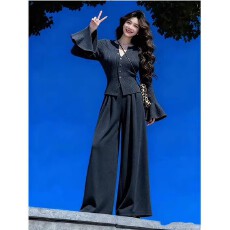 批发深灰色喇叭袖针织套<b class='q'>装</b>女2025秋冬季<b class='q'>新款</b>V领收腰显瘦气质两件套