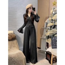 批发深<b class='q'>秋</b>冬装韩系穿搭一整套巨好看的小香风灰色针织衫阔腿裤两件套