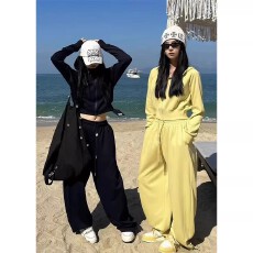 批发防风加绒套装女2025秋冬新款纤腰连帽拉链卫衣外套+束脚直筒卫裤