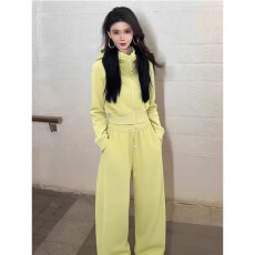 批发多巴胺黄色休闲运动套装女2025秋冬连帽拉链开衫加绒设计感两件套