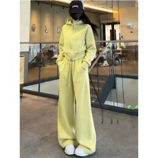 批发黄色休闲运动套装女2025慵懒风连帽卫衣阔腿裤秋冬季穿搭一整套