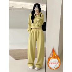 批发秋冬加绒加厚黄色卫衣套装女2025新款休闲运动风慵懒运动服两件套