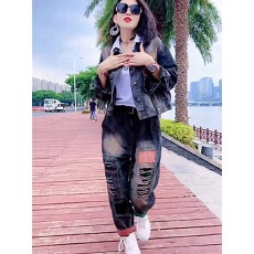 批发大码潮牌宽松牛仔外套女春秋2026新款爆款套装时髦复古休闲两件套