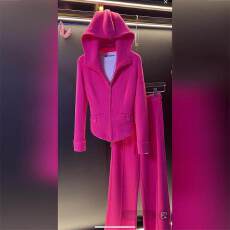批发甜酷运动风玫红色连帽拉链卫衣休闲裤2026年春季多巴胺两件套装女