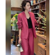 批发2026年春秋洋气时尚宽松慵懒松弛感玫红色薄<b class='q'>西装</b>阔腿裤<b class='q'>两件套</b>装<b class='q'>女</b>
