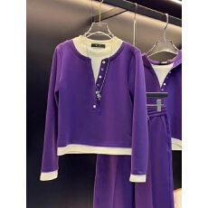 批发紫色套装2026T恤新款<b class='q'>假两件</b>打底衫显瘦设计休闲裤子长袖上衣女装