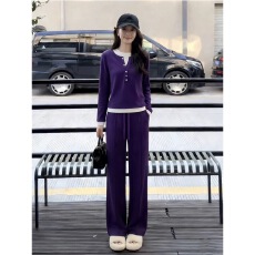 批发紫色套装2026T恤新款<b class='q'>假两件</b>打底衫显瘦设计休闲裤子长袖上衣女装