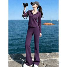 批发紫色连帽开衫微喇裤套装女2026春<b class='q'>秋</b>新款休闲运动风收腰两件套