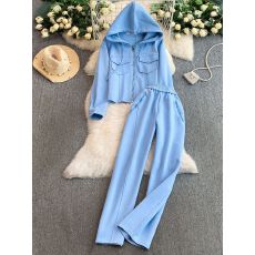 批发蓝色时尚减龄运动风套装女2026春秋冬小个子卫衣阔腿裤休闲两件套