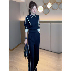 批发欧洲站休闲<b class='q'>时尚</b>套装女秋季<b class='q'>时尚</b>减龄收腰显瘦翻领卫衣阔腿裤两件套