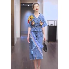 批发设计拼接两件套开叉半身裙V领短袖牛仔外套装女装2026<b class='q'>夏季</b>年新款