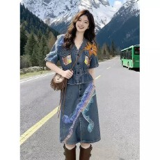 批发设计拼接两件套开叉半身裙V领短袖牛仔外套装女装2026春<b class='q'>夏季</b>新款