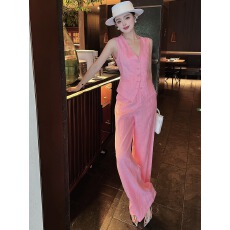 批发干练气质<b class='q'>女装</b><b class='q'>职业</b><b class='q'>套装</b>夏季2026新款简单大方粉色马甲阔腿裤两件套