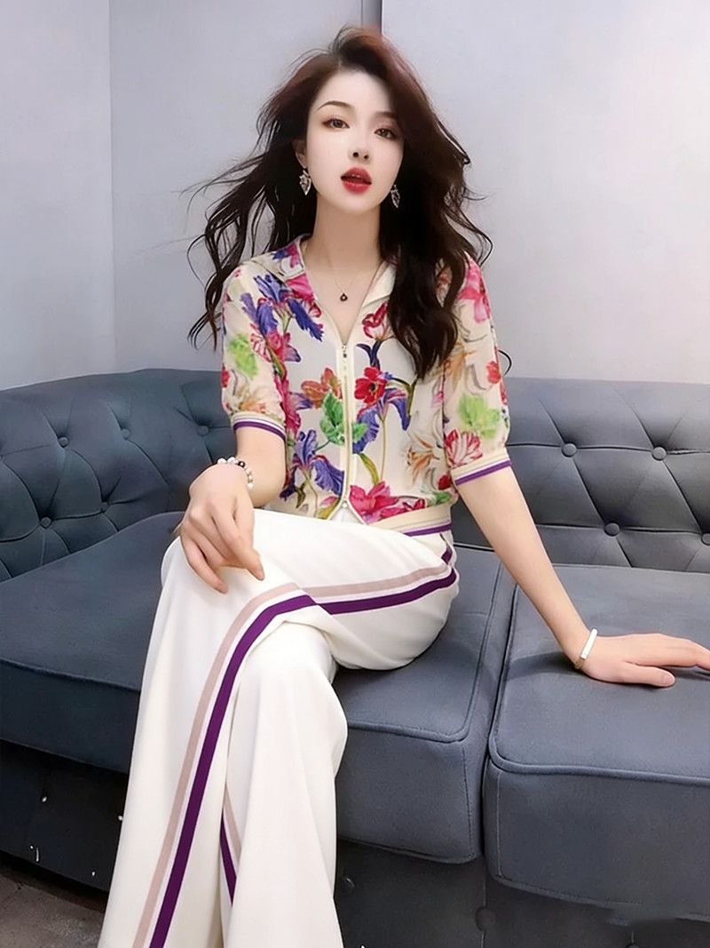 2026 년 여름 유럽과 미국 유화 바람 꽃무늬 캐주얼 운동 지퍼 반팔 오픈 가디건 스트레이트 팬츠 투피스 슈트 여성