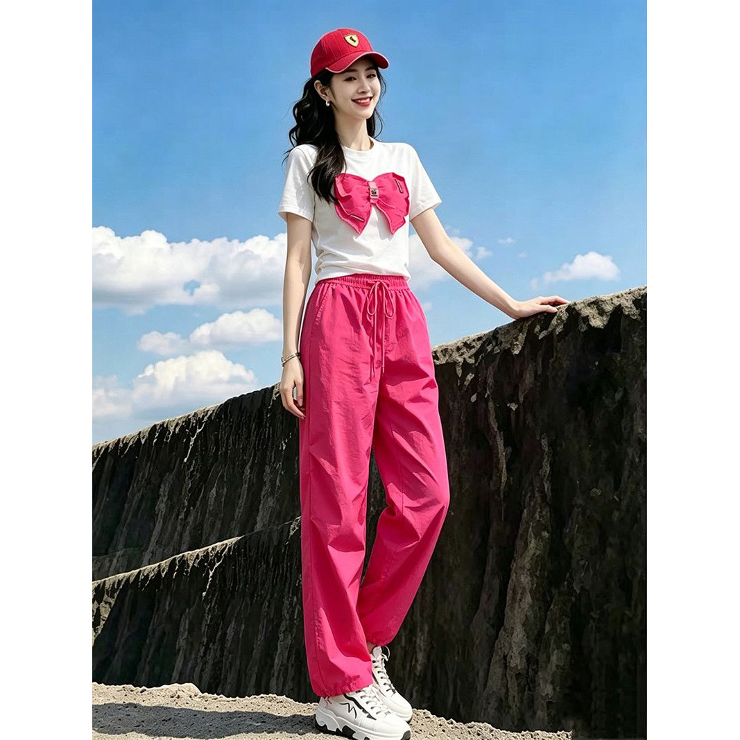 인터넷 유명인 튀김 거리 캐주얼 스포츠 슈트 여성 여름 외국 가스 고유 한 Chic 맨위 용과 색상 워크웨어 팬츠 투피스 세트