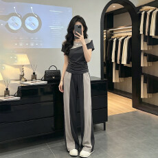 批发<b class='q'>春</b>夏款韩系高级感拼色短袖阔腿裤两件套夏季显瘦减龄休闲运动套装