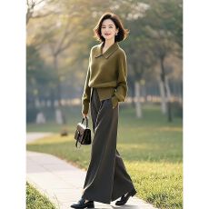 批发气质一整套穿搭小众不撞款独特漂亮绿色针织衫<b class='q'>休闲裤</b>子套<b class='q'>装</b>女早春