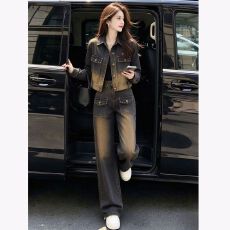 批发洋气时尚高腰<b class='q'>牛仔</b><b class='q'>套装</b>女春秋装减龄外套2026新款时尚阔腿裤两件套