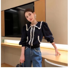 批发蕾丝边海军领撞色外套2025超火百搭秋装休闲时尚叠穿外搭长袖<b class='q'>开衫</b>