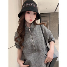批发2025秋冬新款休闲风简约灰色半拉链立领卫衣女口袋装饰长袖上衣