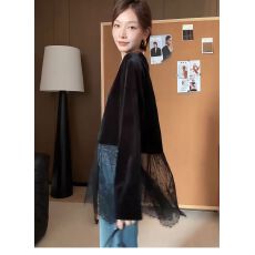 批发蕾丝拼接圆领长袖丝绒T恤衫女款2025新款秋季宽松内搭<b class='q'>中长款</b>上衣