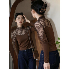 批发性感辣妹修身显瘦蕾丝拼接镂空立领打底衫女内搭秋冬长袖<b class='q'>t</b><b class='q'>恤</b>上衣