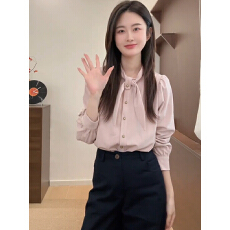 批发法式气质蝴蝶结长袖衬衫女款2025新款秋<b class='q'>冬</b>设计感小众内搭叠穿上衣