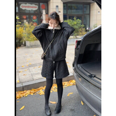 批发韩版宽松休闲2025冬季新款拉链麻花外套A字<b class='q'>短裤</b>两件套<b class='q'>女</b>通勤套装