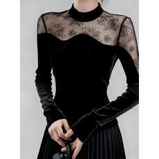 批发纯欲风性感网纱蕾丝拼接打底衫女秋冬黑色轻奢高级感长袖丝绒上衣