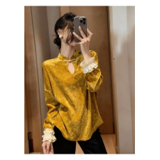 批发新中式卡其黄色丝绒<b class='q'>衬衫</b>女2025独特超好看木耳边拼接盘扣国风小衫