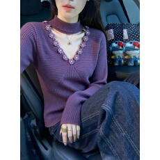 批发纯欲风紫色挂脖镂空<b class='q'>立体</b><b class='q'>花朵</b>针织衫女秋冬2025年新款小众绝美毛衣