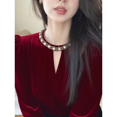 批发秋冬法式辣妹<b class='q'>镂空</b>红色丝绒打底衫女内搭修身显瘦泡泡长袖t恤上衣