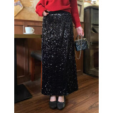 批发今年流行爆款黑色亮片半身裙女高级感冬季配<b class='q'>毛衣</b>a字裙小香风裙子