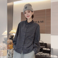 批发复古翻领格纹衬衫女秋冬新款独特休闲<b class='q'>宽松</b>显瘦百搭叠穿内搭上衣潮