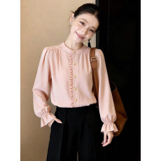 超好看木耳边圆领长袖衬衫女2026新款春秋季高级感独特漂亮小上衣