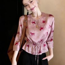批发新中式宫廷小马印花上衣复古显瘦减龄<b class='q'>收腰</b>长袖衬衫2026春季新款女