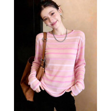 批发甜美柔软撞色条纹针织t恤<b class='q'>韩版</b>宽松漂亮百搭<b class='q'>小衫</b>春季减龄舒适上衣