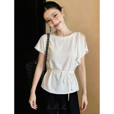 法式系带收腰显瘦圆领白色短袖小衫夏季新款气质高级百搭纯色上衣