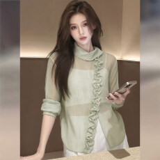 批发法式绿色木耳褶边衬衫套头上衣女2026新款春季宽松轻薄款外搭衬衣