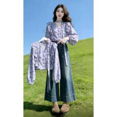 批发碎花V领荷叶边泡泡袖衬衣衬衫2026春季法式甜美温柔浪漫风上衣女